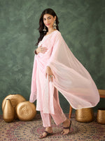 Thumbnail for The52 Baby pink Women's Gorgeous Cotton Blend Fabric Thread Work Straight Kurta, Pant and Dupatta Set - Distacart