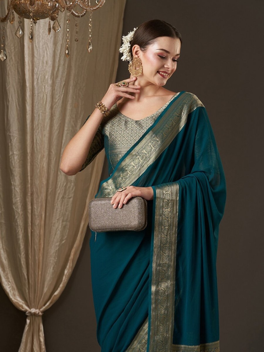 Anouk Teal & Gold-Toned Zari Pure Georgette Kanjeevaram Saree - Distacart