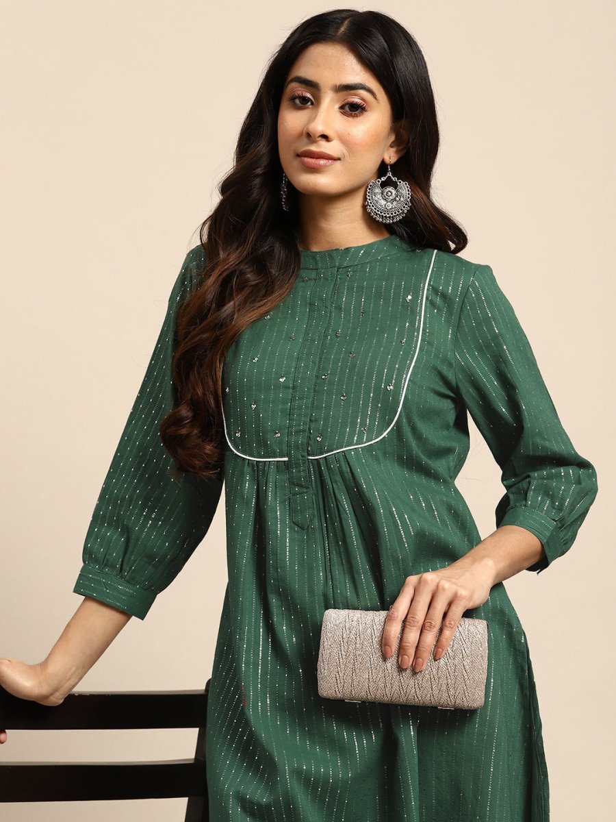 All About You Striped Pleated Sequinned Pure Cotton Kurta with Trousers - Distacart