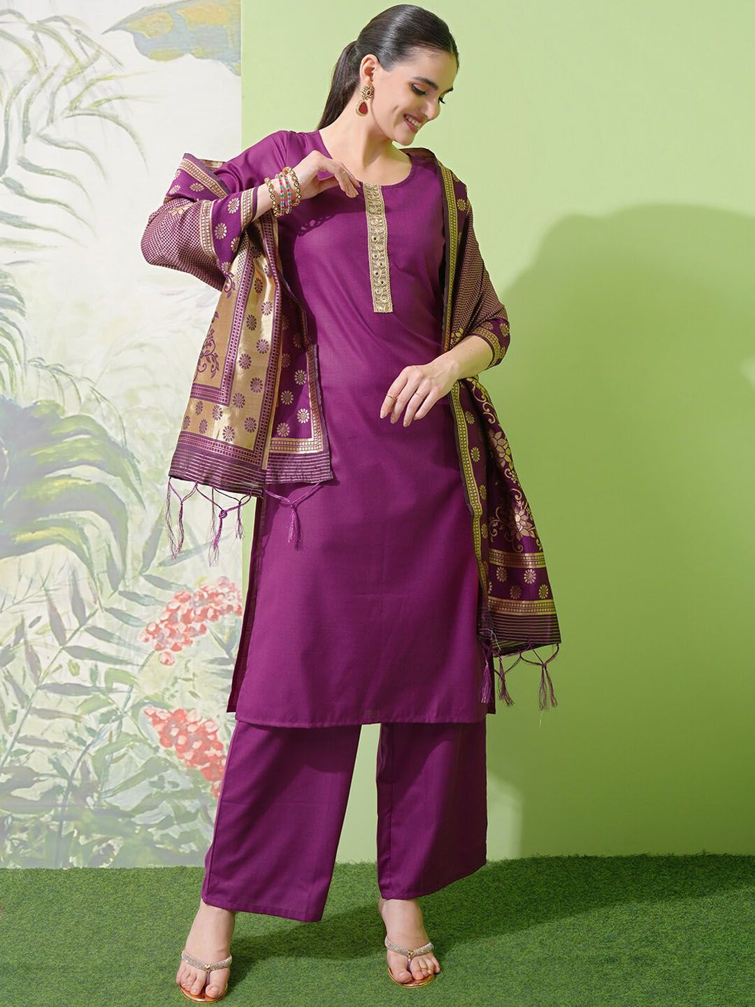 Vishudh Purple Yoke Design Thread Work Straight Kurta With Palazzos & Dupatta - Distacart