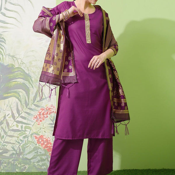 Vishudh Purple Yoke Design Thread Work Straight Kurta With Palazzos & Dupatta - Distacart