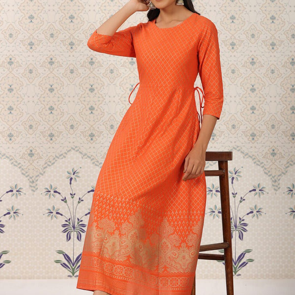 Ode by House of Pataudi Orange Coloured Ethnic Motifs Woven Design Anarkali Kurta - Distacart