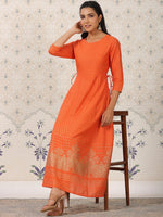 Thumbnail for Ode by House of Pataudi Orange Coloured Ethnic Motifs Woven Design Anarkali Kurta - Distacart
