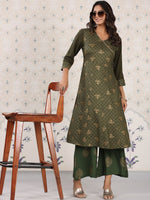 Thumbnail for Ode by House of Pataudi Olive Green & Gold Printed V Neck Angrakha Kurta With Palazzos