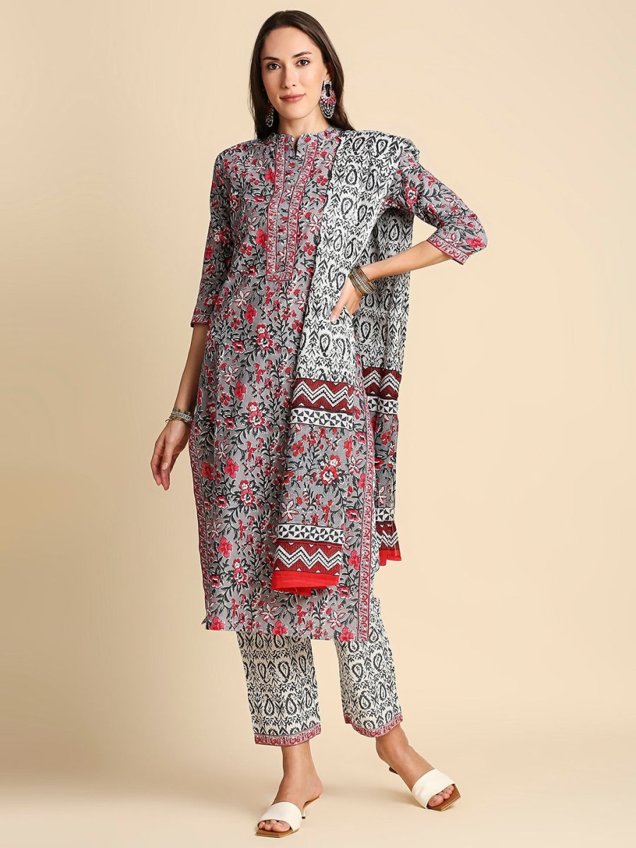 Anubhutee Women Grey & Pink Pure Cotton Floral Print Kurta with Trousers & Dupatta - Distacart