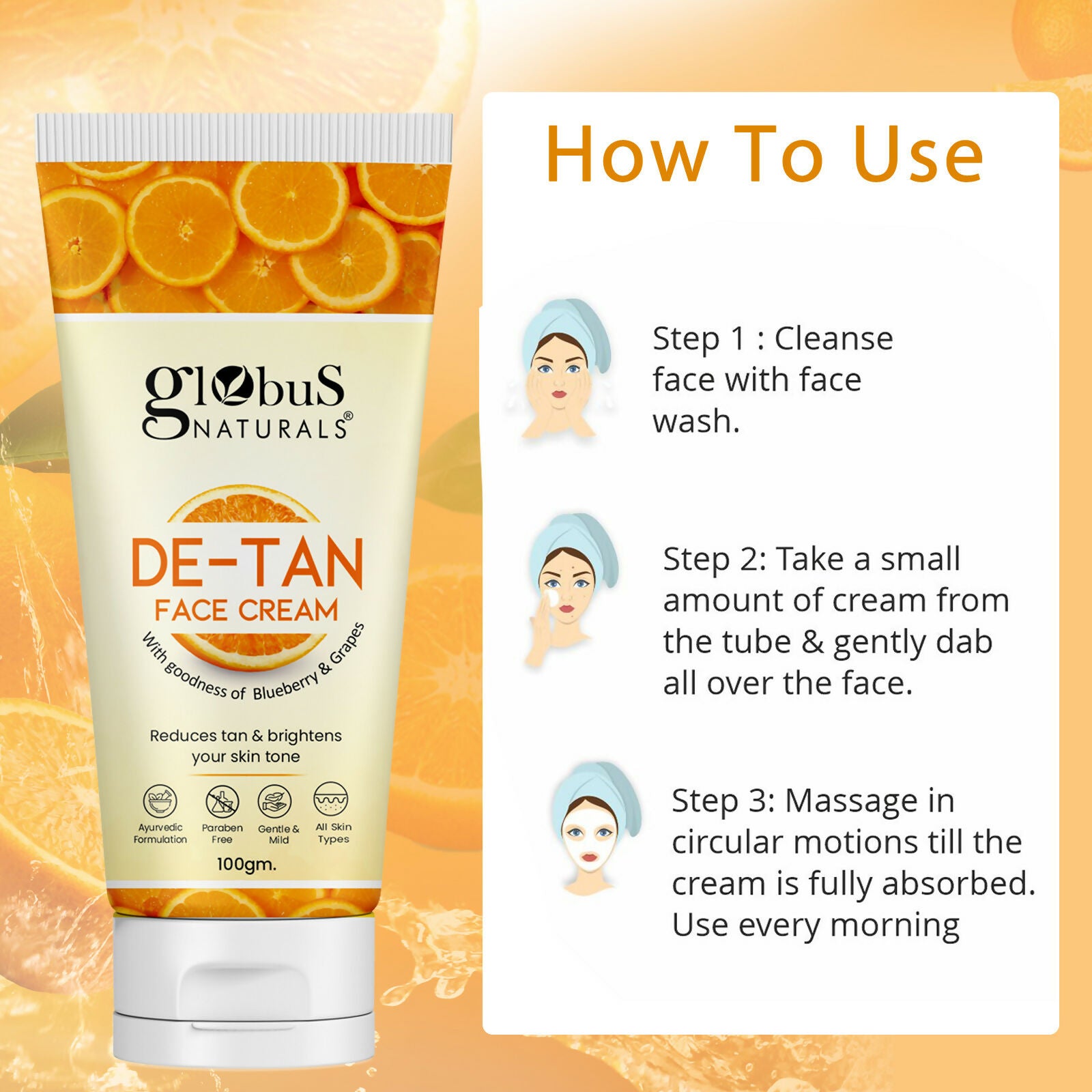 Globus Naturals De Tan Face Cream, Suitable For All Skin Types