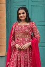 Thumbnail for Preksha Creation Georgette Print And Full Lining With Printed Pant And Nazneen Dupatta With Embroidery Work - Red - Distacart