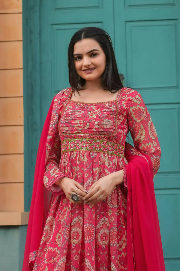 Preksha Creation Georgette Print And Full Lining With Printed Pant And Nazneen Dupatta With Embroidery Work - Red - Distacart