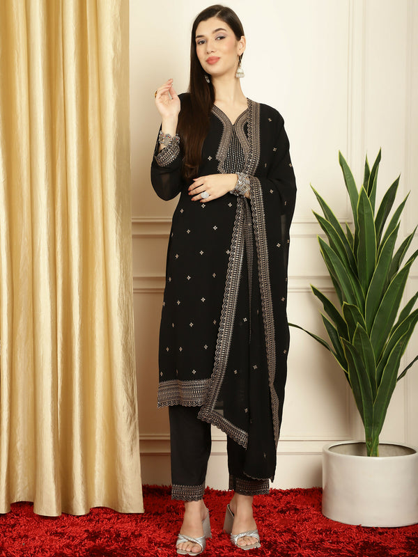 Jyoti Fashion Women's Black Georgette Resham Thread & Sequin Kurta with Trouser & Dupatta - Distacart