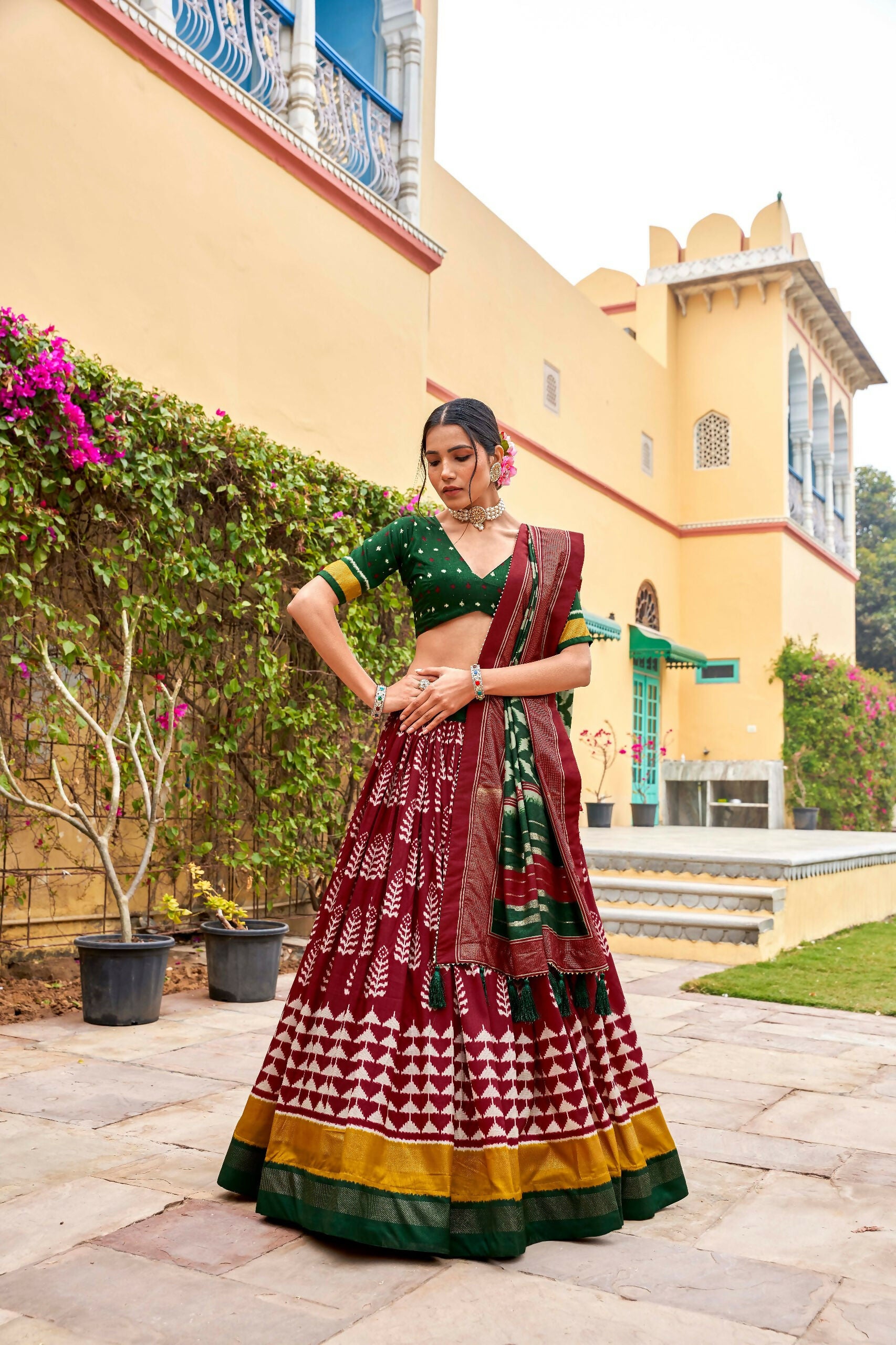 Vastranavya Printed and Foil Work Tussar Silk Lehenga with Unstitched Blouse - Maroon - Distacart