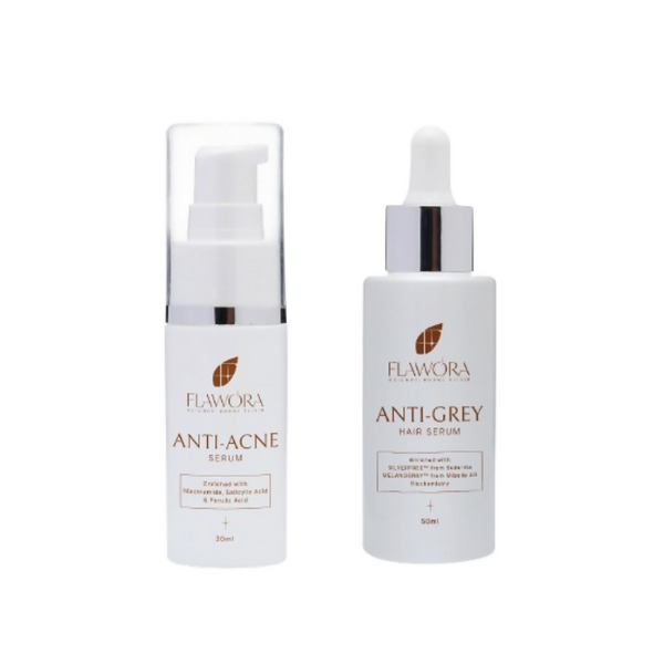 Flawora Set of Anti-Grey Hair Serum for Reversing Grey Hair and Anti Acne Serum to Reduce Blackheads and Open Pores - Dista