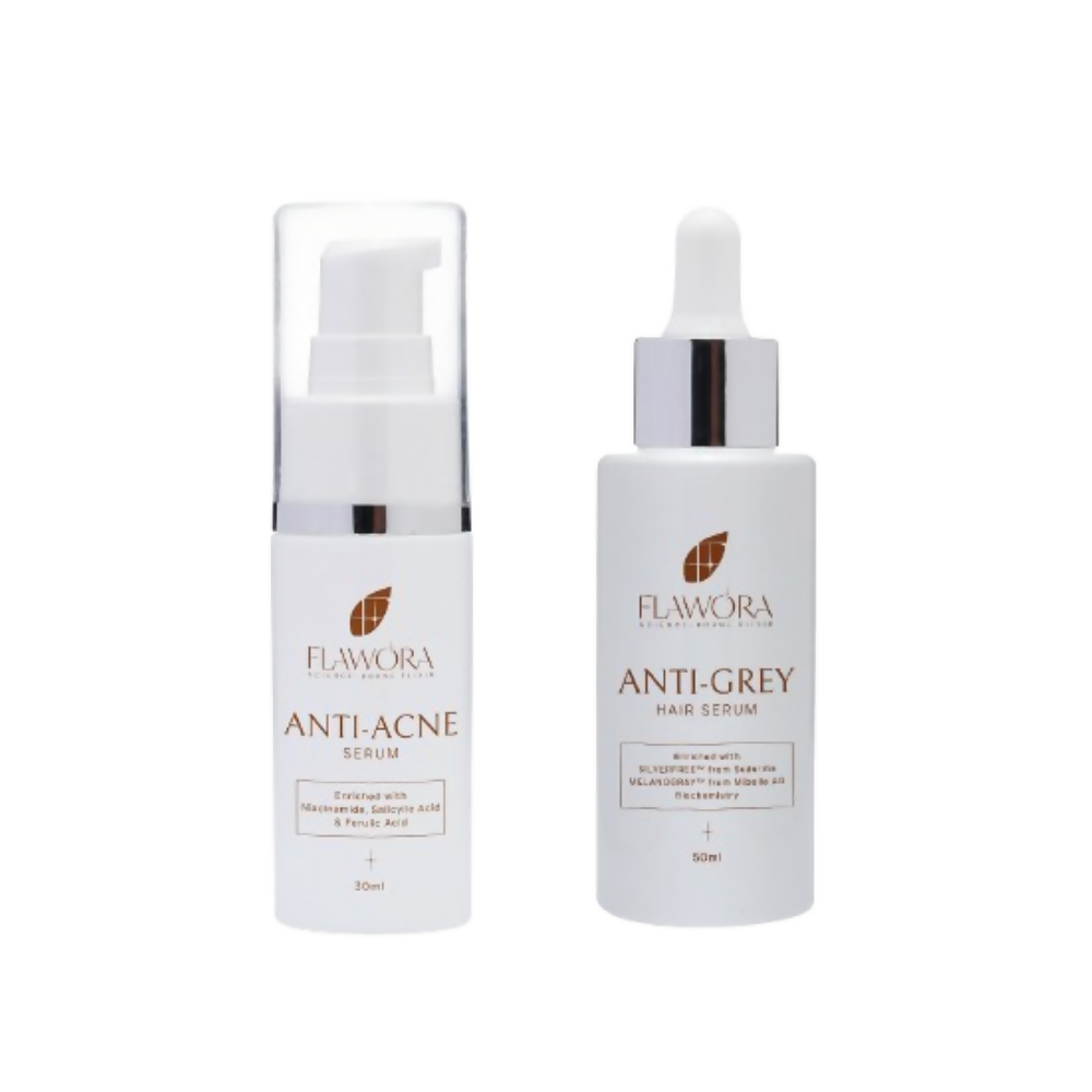 Flawora Set of Anti-Grey Hair Serum for Reversing Grey Hair and Anti Acne Serum to Reduce Blackheads and Open Pores - Dista