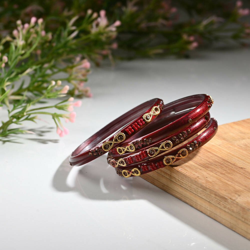 Afast Designer Fancy Party Bangle/ Kada Set, Maroon, Glass, Pack Of 4 - Distacart