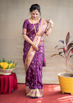 Thumbnail for Jyoti Fashion Women's Wine Paithani Silk Zari Woven Saree with Blouse - Distacart