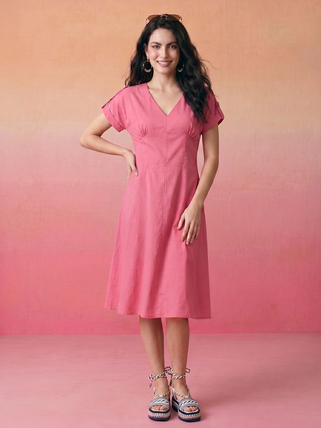 Janasya Pink A-Line Cotton Dress - Dista