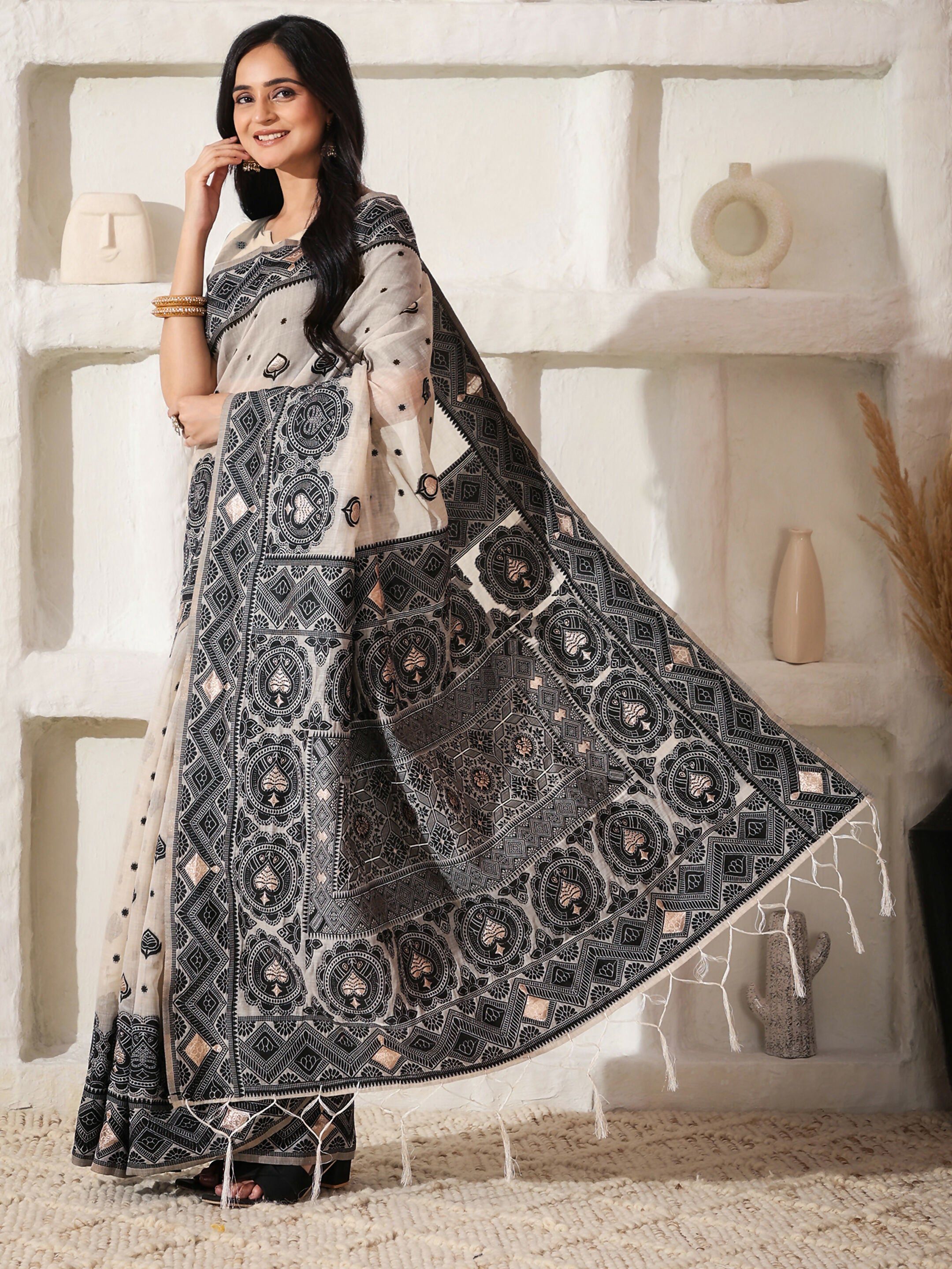 Astita Linen Cotton Black & Cream Saree