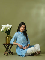 Thumbnail for Myshka Women's Blue Embellished Cotton Gathered Party Empire Top - Distacart