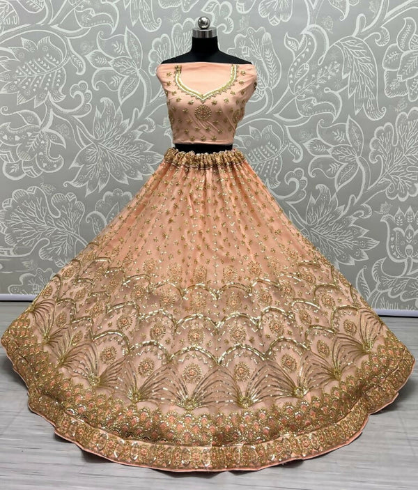 Jyoti Fashion Women's Peach Bridal Net Fancy Sequins with Multi Thread Embroidered & Handwork Wedding Lehenga Choli - Distacart