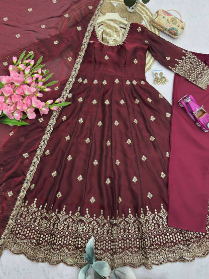Teeya Creation Womens New Regal Maroon Embroidered Anarkali Gown Set - Dista