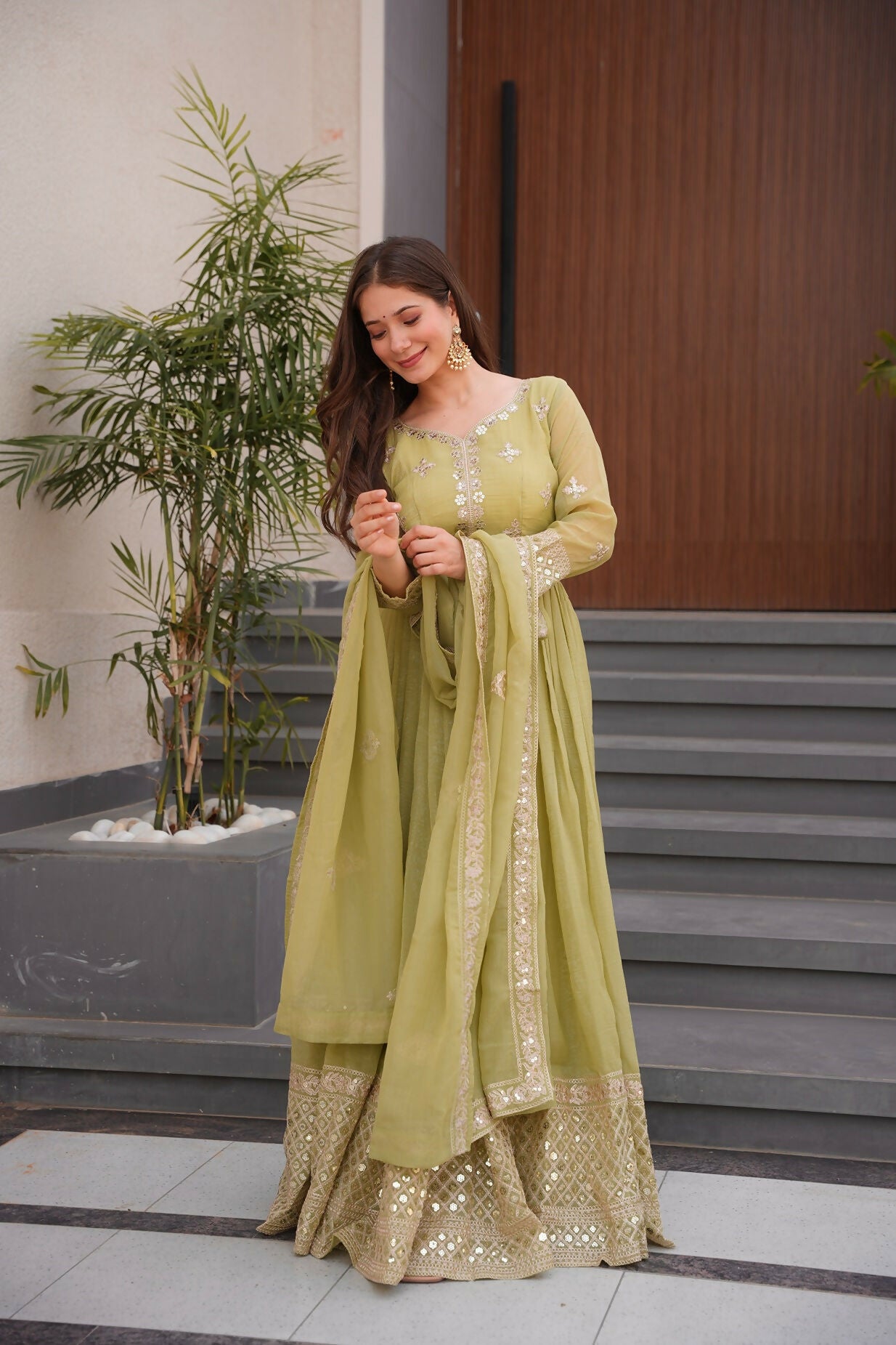 Teeya Creation Olive Color Crunchy Silk Wedding Wear Embroidery Work Long Gown