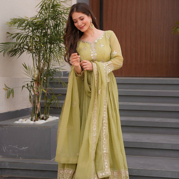 Teeya Creation Olive Color Crunchy Silk Wedding Wear Embroidery Work Long Gown - Distacart