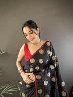 Thumbnail for Joban Fashion Black Checked & Circular Motifs Soft Silk Banarasi Saree - Distacart