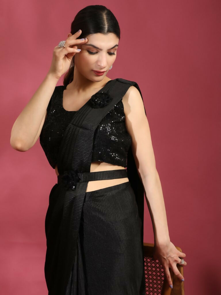 Black Imported Crush Lycra Texture Pattern Ready to Wear Saree with stitched Blouse - Nirvana - Distacart