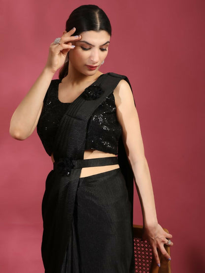 Black Imported Crush Lycra Texture Pattern Ready to Wear Saree with stitched Blouse - Nirvana - Distacart