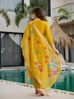 Thumbnail for The52 Yellow Women's Gorgeous Embroidered work Viscose Gadhwal Fabric Straight Kurta, Pant and Dupatta Set - Distacart