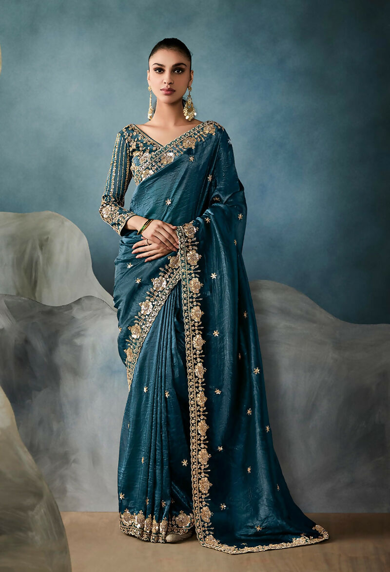Monjolika Fashion Teal Tissue Embroidered Sequins And Zari Work Saree