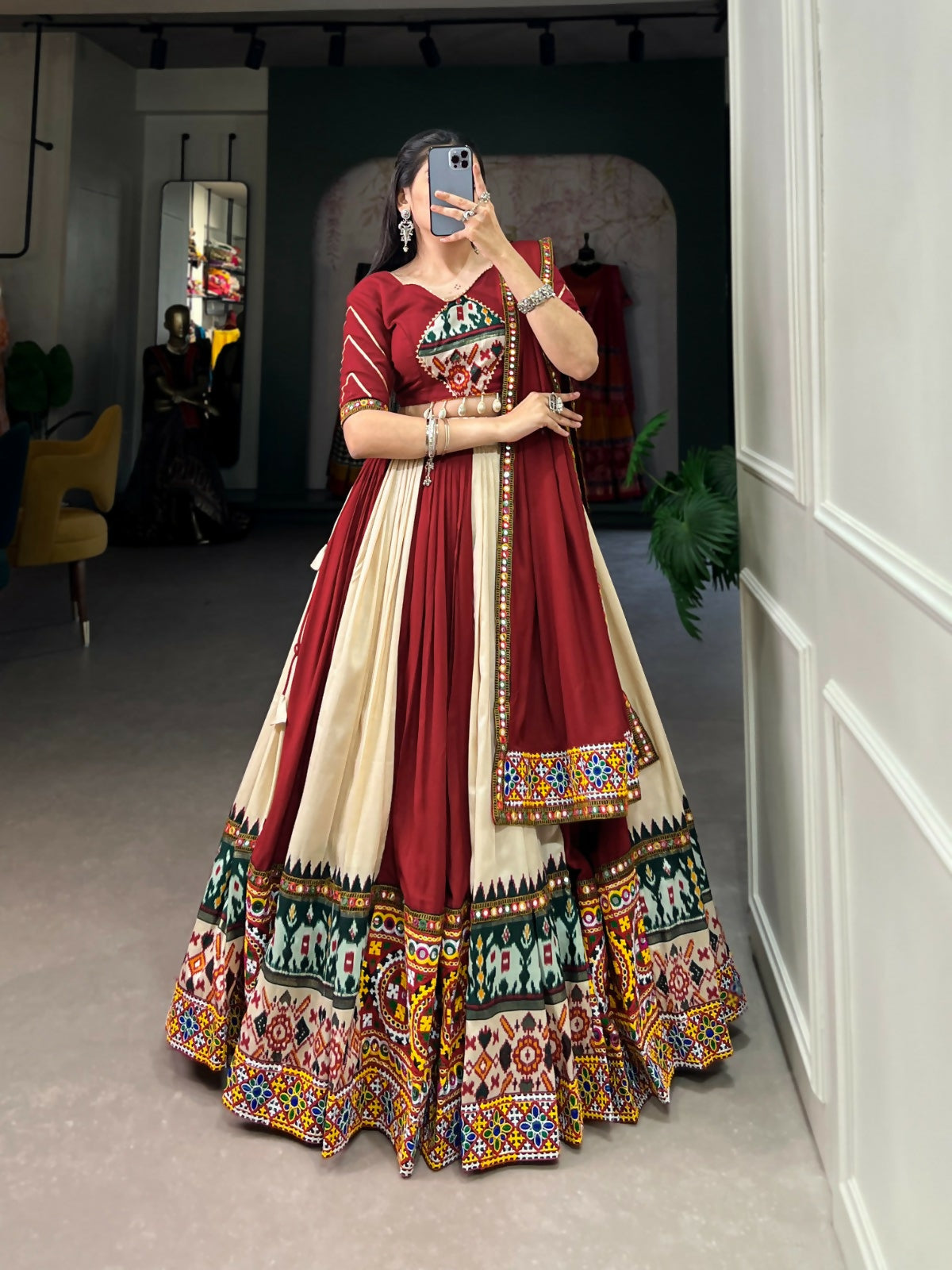Vastranavya Navaratri Special Rayon with Printed Patch With Gota Patti And Paper Mirror Work And Cowrie (Kodi) Lace Touch Up Lehenga with Stitched Blouse - Off White - Distacart