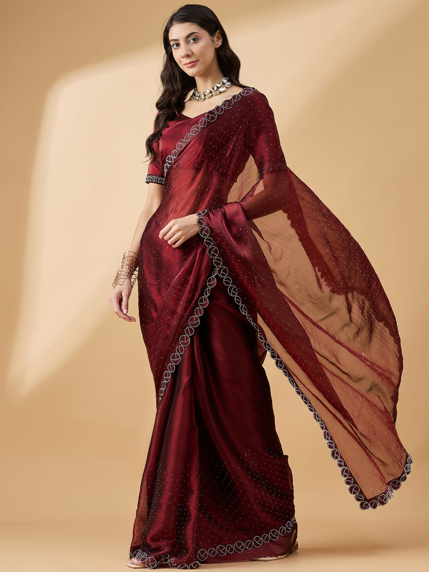 Brown Organza Swaroski Diamond Work Saree with Unstitched Blouse - Radha - Distacart