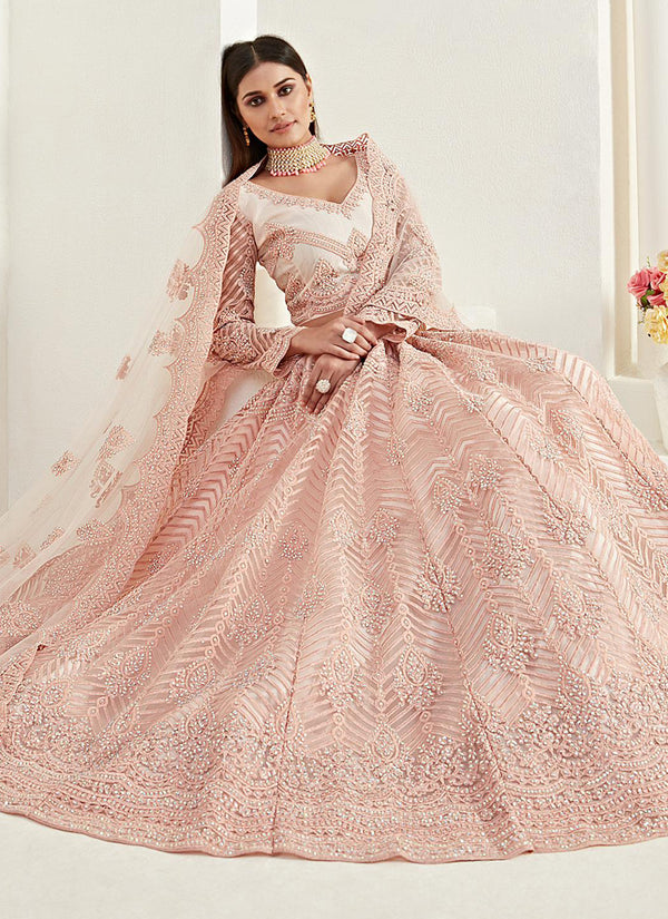 Vegaa Fashion Peach Net Embroidered Wedding Lehenga