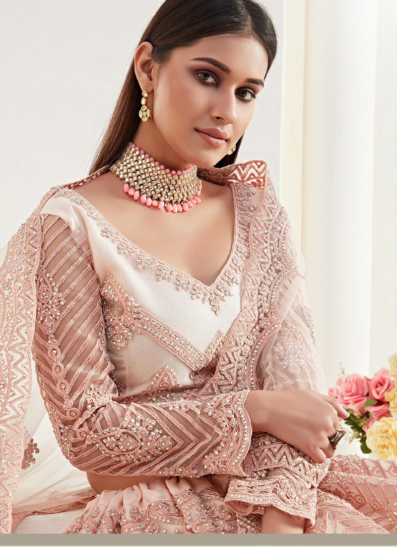 Vegaa Fashion Peach Net Embroidered Wedding Lehenga