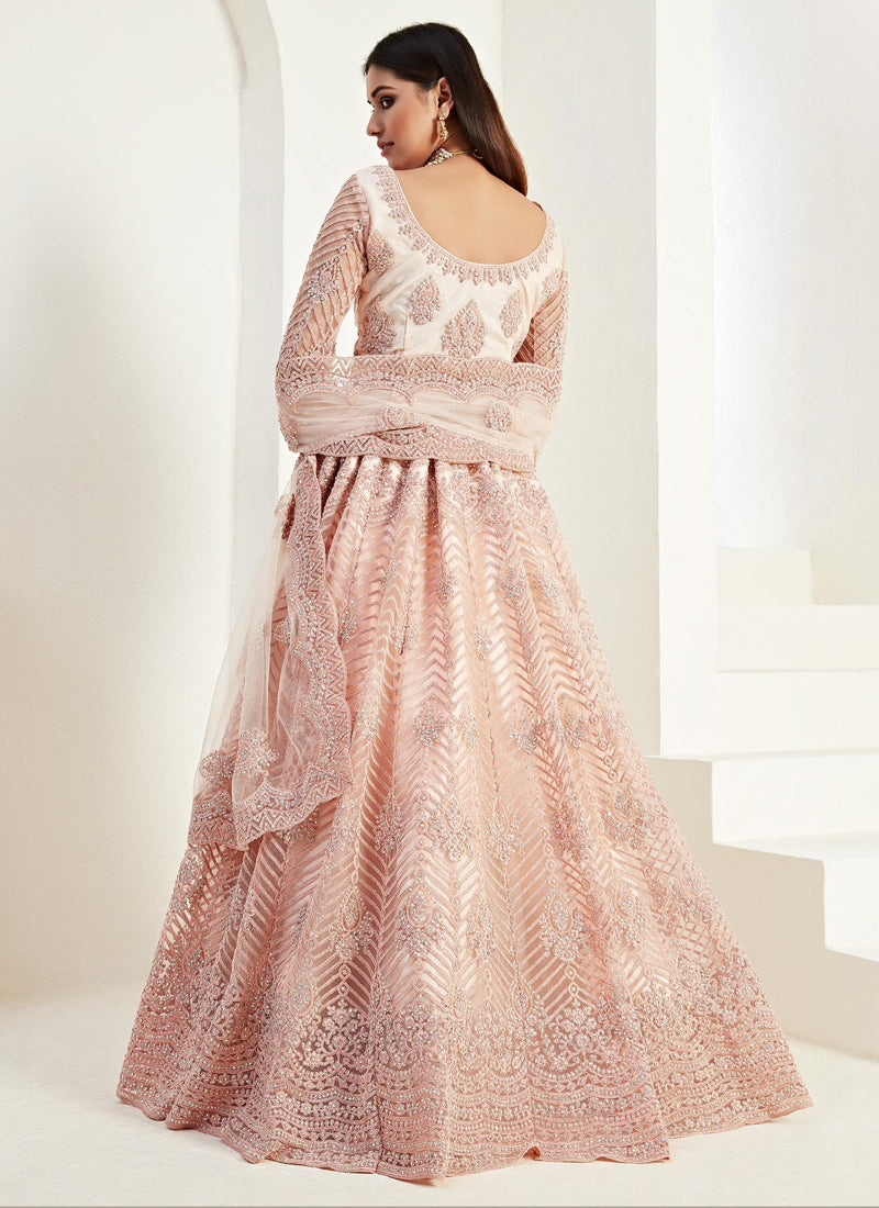 Vegaa Fashion Peach Net Embroidered Wedding Lehenga