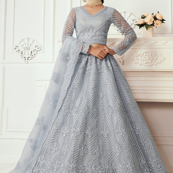 Vegaa Fashion Light Grey Net Embroidered Wedding Lehenga - Distacart