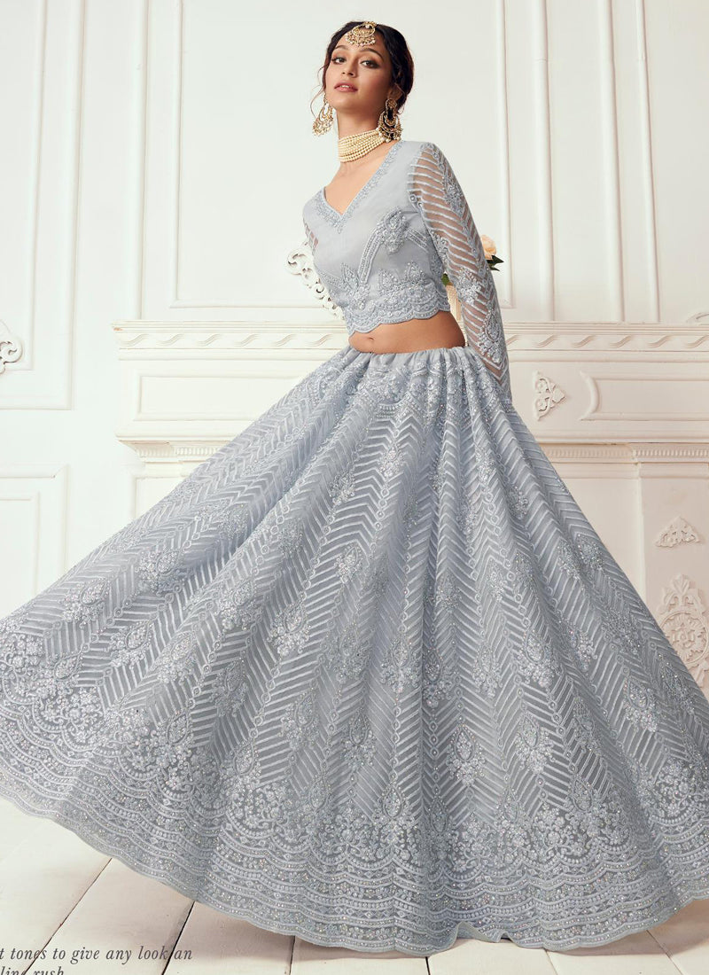 Vegaa Fashion Light Grey Net Embroidered Wedding Lehenga - Distacart