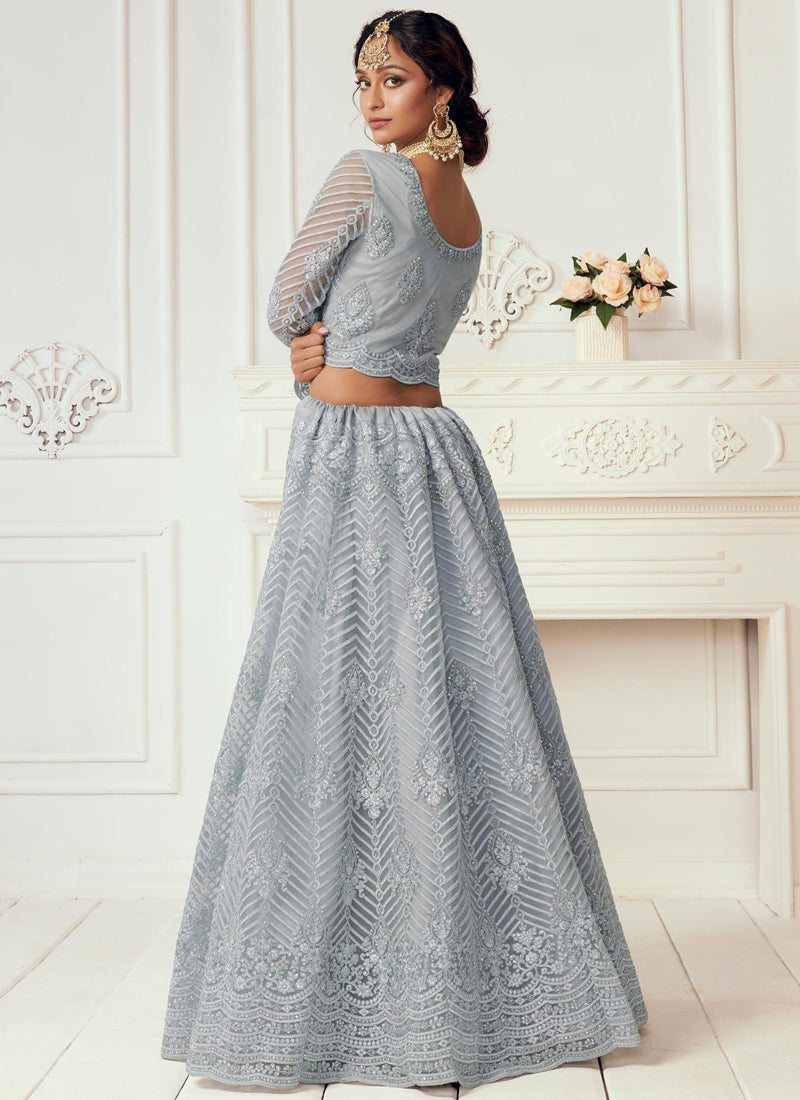 Vegaa Fashion Light Grey Net Embroidered Wedding Lehenga