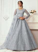 Thumbnail for Vegaa Fashion Light Grey Net Embroidered Wedding Lehenga