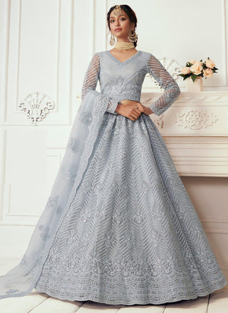 Vegaa Fashion Light Grey Net Embroidered Wedding Lehenga