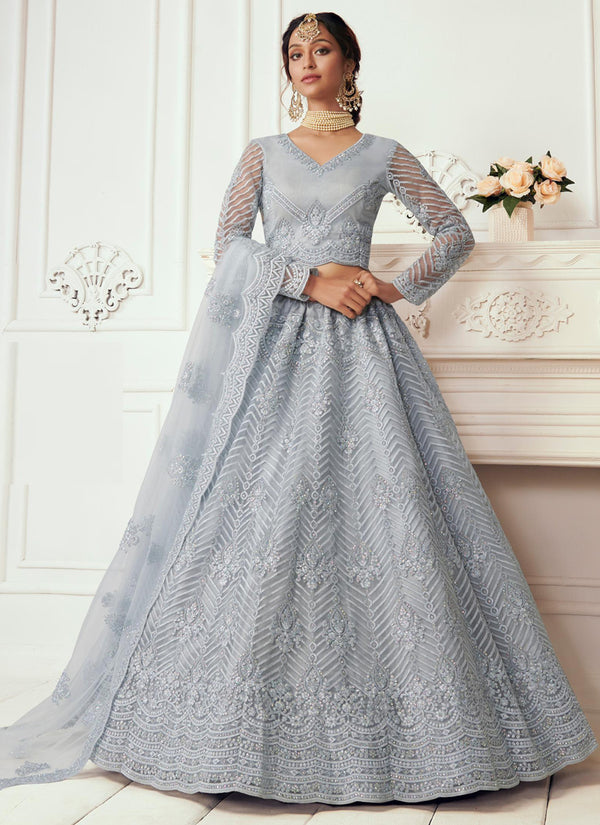 Vegaa Fashion Light Grey Net Embroidered Wedding Lehenga