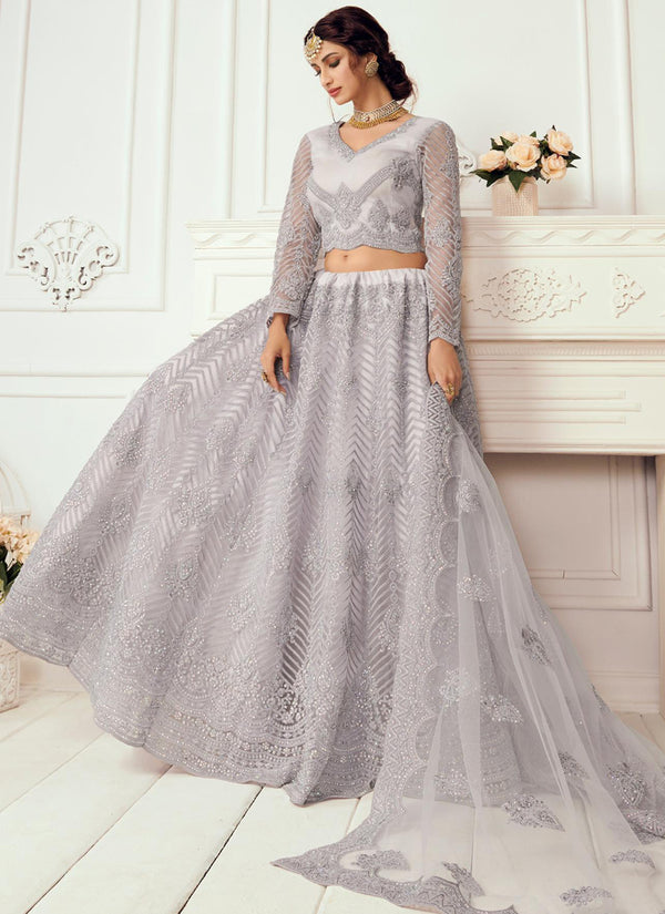 Vegaa Fashion Lavender Net Embroidered Wedding Lehenga