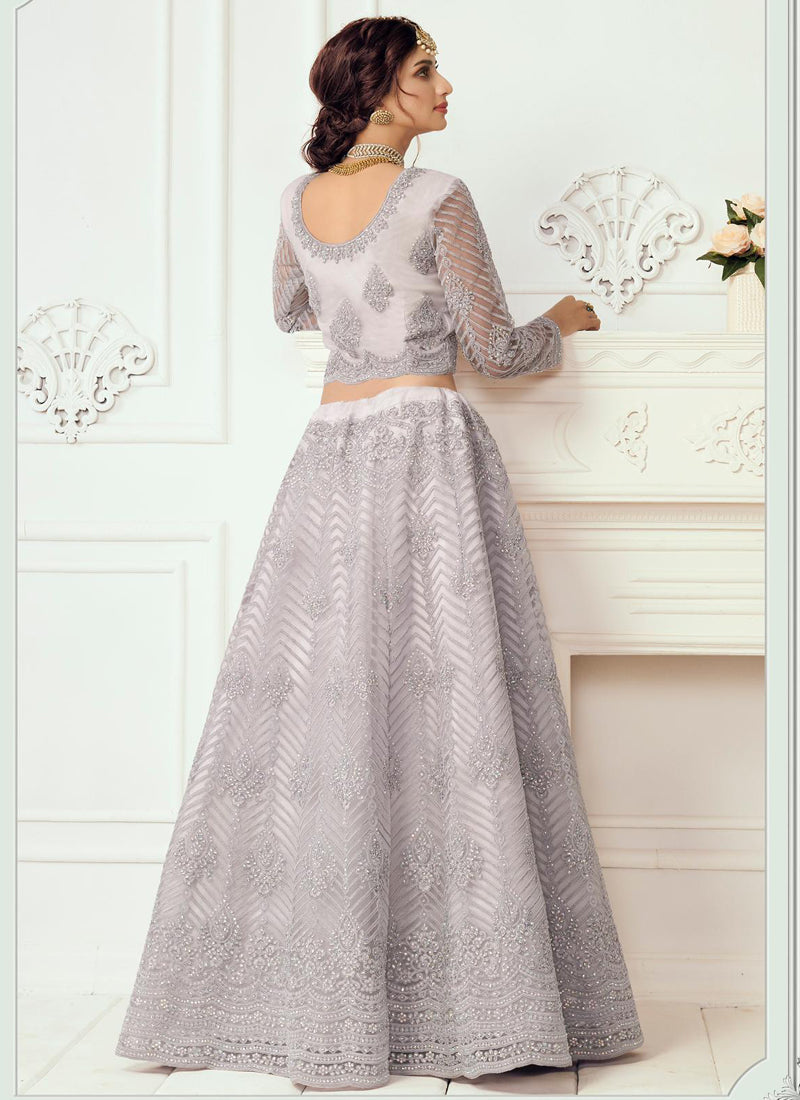 Vegaa Fashion Lavender Net Embroidered Wedding Lehenga