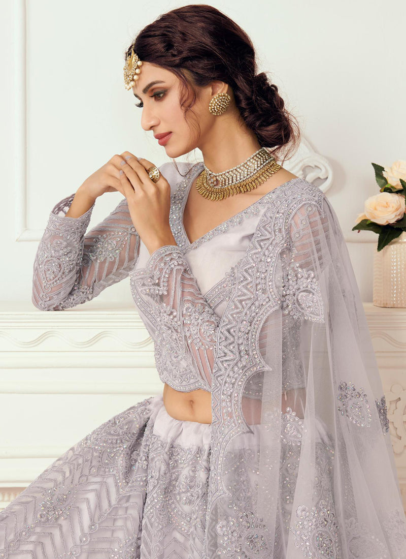 Vegaa Fashion Lavender Net Embroidered Wedding Lehenga
