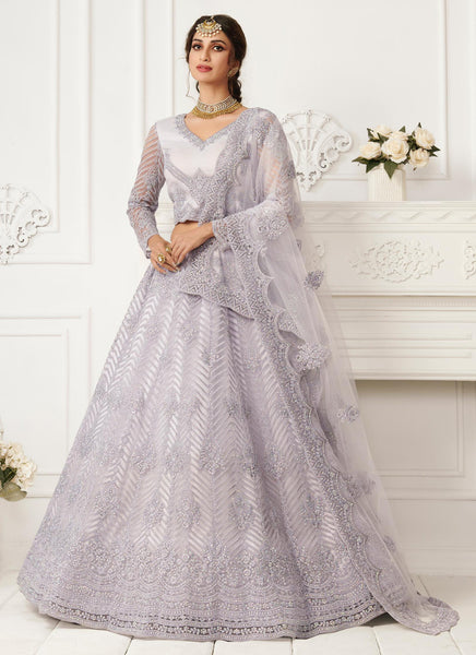 Vegaa Fashion Lavender Net Embroidered Wedding Lehenga