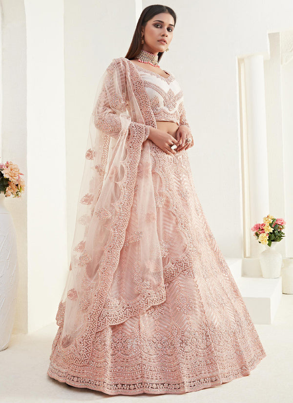 Vegaa Fashion Peach Net Embroidered Wedding Lehenga