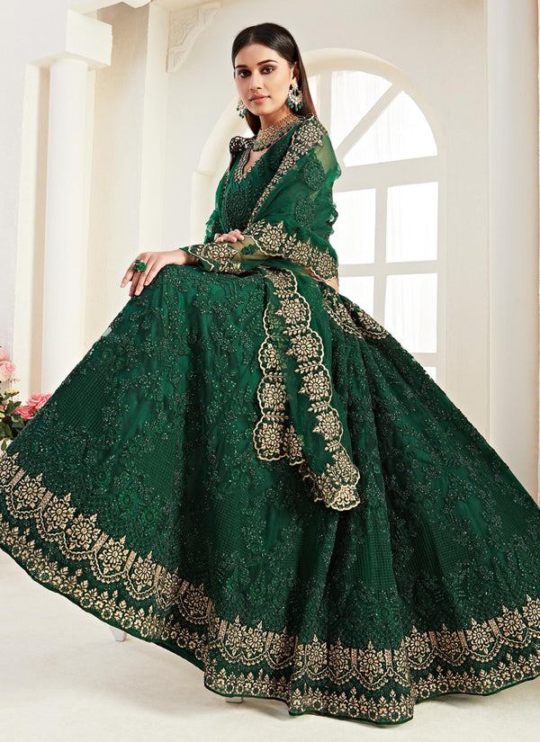 Vegaa Fashion Green Net Embroidered Wedding Lehenga