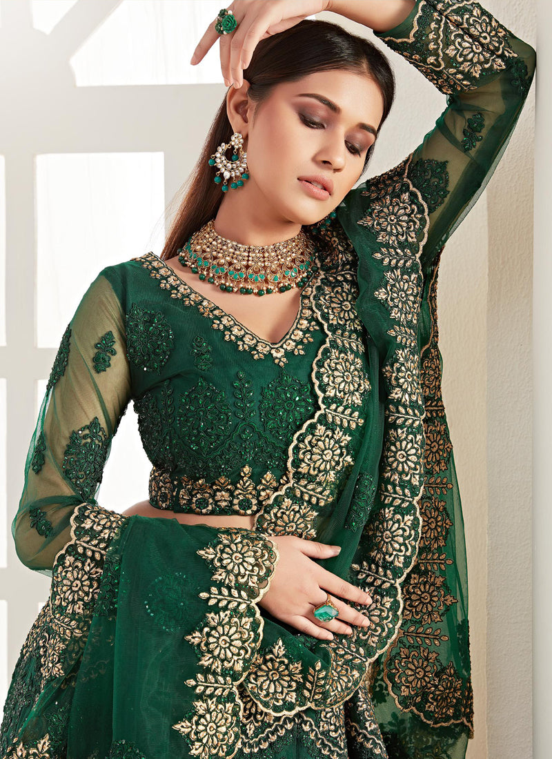 Vegaa Fashion Green Net Embroidered Wedding Lehenga