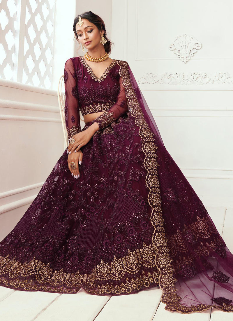 Vegaa Fashion Wine Net Embroidered Wedding Lehenga - Distacart