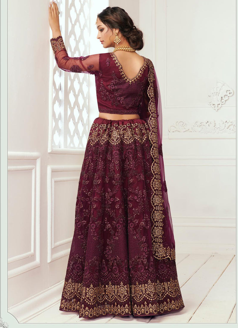 Vegaa Fashion Wine Net Embroidered Wedding Lehenga
